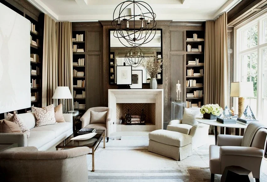 Tailored business interior with a patterned feature wall and built-in shelving