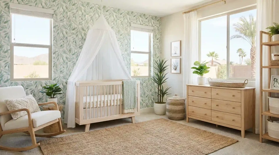Large botanical wallpaper pattern on a bright feature wall